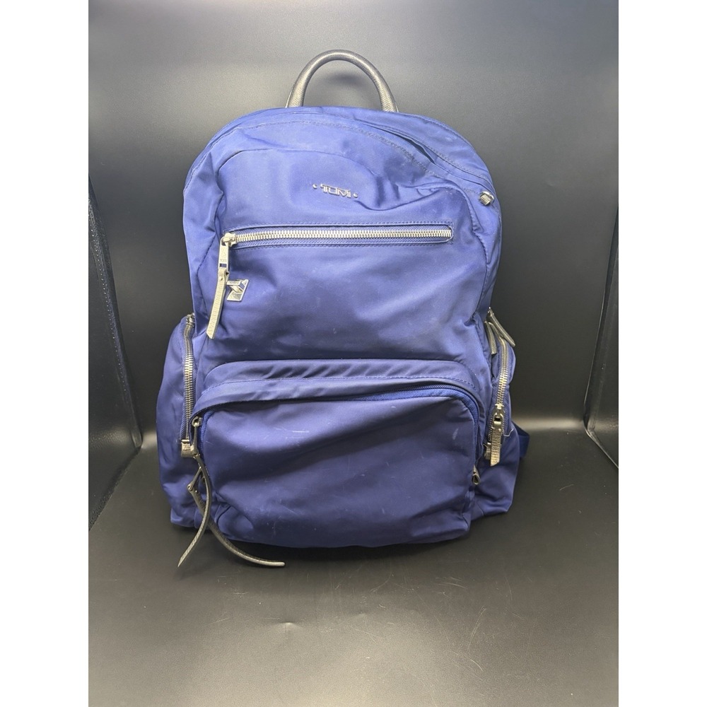 Tumi Voyageur Carson Backpack Navy Leather Trim Nylon Laptop Lightweight Bag